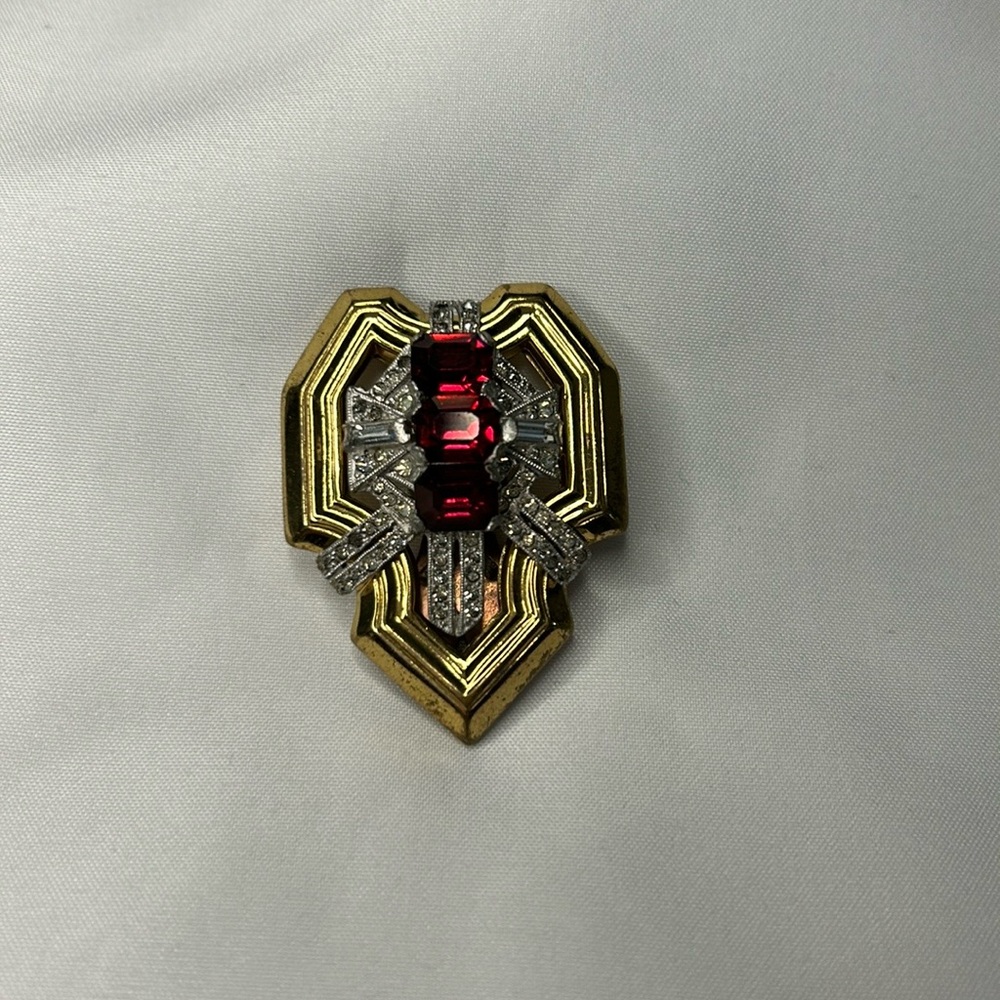 McClelland Barclay Art Deco Vintage Red and Clear Stones Dress Clip